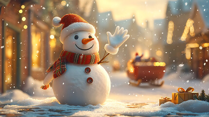 Smiling snowman waves in a snowy winter town