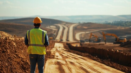 Construction worker surveying a road construction site surrounded by machinery.