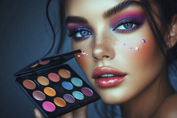 close up of a female eye with bright trendy make up in yellow violet colors. Make up for women,...