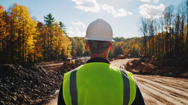 Construction worker overseeing a project in an autumn landscape.