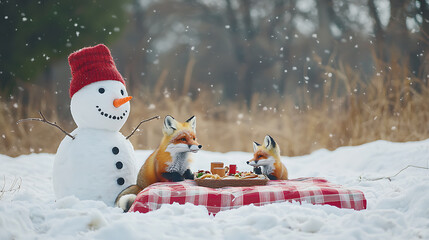 Snowman and two foxes having a winter picnic