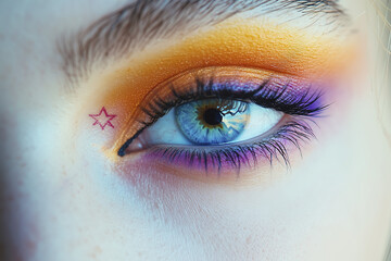 close up of a female eye with bright trendy make up in yellow violet colors. Make up for women,...