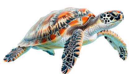 Fototapeta premium Colorful sea turtle swimming, isolated on white background, transparent background