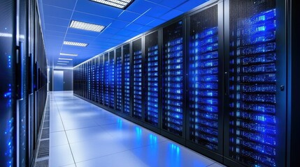 Futuristic data center with blue lighting and rows of server racks in a modern facility.