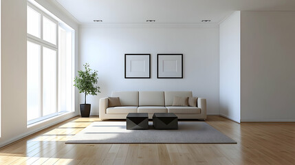 Minimalist Modern Living Room with White Walls, Soft Beige Sofa, and Geometric Black Coffee Table for a Clean, Light-Filled Space