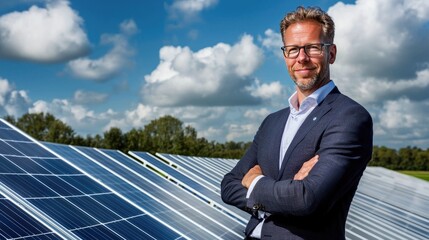 Professional man stands confidently among solar panels under blue skies.