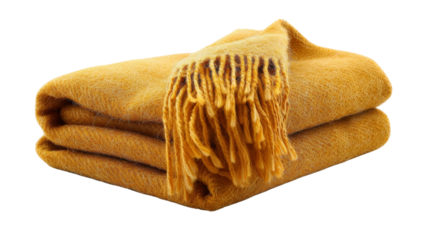 Cozy yellow blanket with fringe, isolated on white background, transparent background