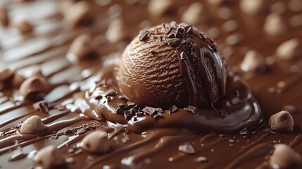 A single scoop of chocolate ice cream sits on a bed of melted chocolate with chocolate chips...