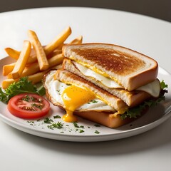 Delicious Sandwich with French fries, cheese tomato fried and egg Served