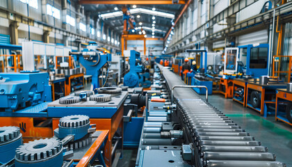 Naklejka premium Gear and spare parts background. Workshop of a automotive factory for production of automotive gear and spare parts. Production of gears for automobile gearboxes for trucks. Small sharpness