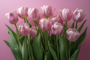 Fototapeta premium bouquet of tulips. pink tulips in a vase against pink background. close up. AI Generated