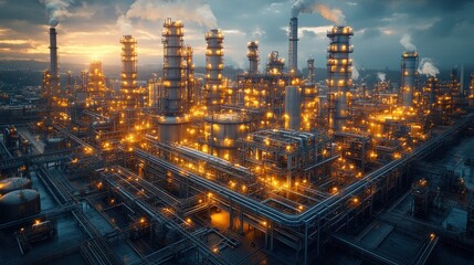 Fototapeta premium Industrial complex illuminated at dusk, showcasing energy production.