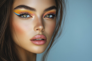  close up of a female eye with bright trendy make up in yellow violet colors. Make up for women,...