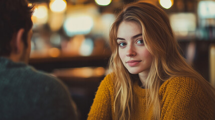 Obraz premium Young Woman with Blonde Hair Looking at Camera in Cafe