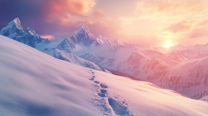 "A snowy mountain range at sunrise, with footprints in the fresh snow."






