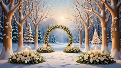 Obraz premium Wedding Arch in Winter Forest with Candles and White Flowers