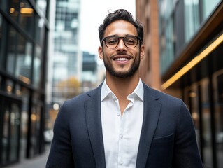 Fototapeta premium A smiling gentleman in a suit and glasses is seen standing confidently in an urban city setting, conveying a sense of professionalism and modernity.