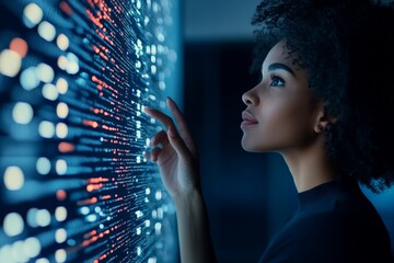 A focused woman engages with data on an illuminated digital screen, embodying expertise and concentration in a dark, modern environment with futuristic elements.