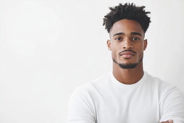 Fototapeta premium A young man dressed casually in a white shirt, stands confidently with a neutral background, expressing a sense of simplicity, modernity, and self-assurance.