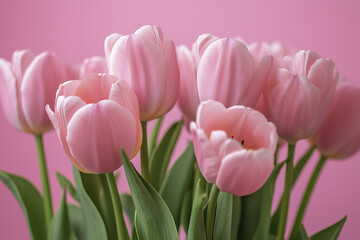 Fototapeta premium bouquet of tulips. pink tulips in a vase against pink background. close up. AI Generated