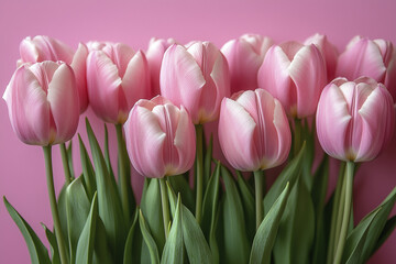 Fototapeta premium bouquet of tulips. pink tulips in a vase against pink background. close up. AI Generated