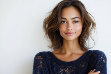 Fototapeta premium Confident woman with medium-length tousled brown hair wearing a stylish blue sweater, exemplifying modern elegance and natural beauty with keen expression.