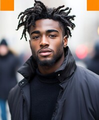 A young man in an urban setting wears a black jacket, exuding casual style and confidence. His neat dreadlocks and demeanor highlight modern urban fashion.