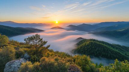 A serene, misty landscape unfolds at sunrise, with the soft light casting a golden hue over the scene.
