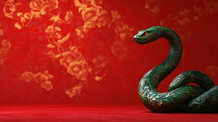 Obraz premium Intricate green snake with gold detailing on red floral background for chines new year