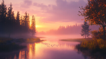 A serene, misty landscape unfolds at sunrise, with the soft light casting a golden hue over the scene.