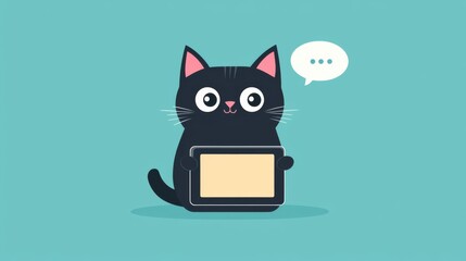 A cute black cat holding a tablet, ready to communicate. Ideal for tech and pet themes, adding a playful touch.