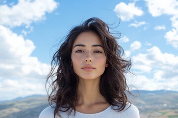Young woman with tousled hair stands confidently outdoors under expansive blue skies, epitomizing freedom, natural beauty, and the spirit of adventure.