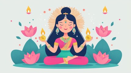 A serene woman meditating with candles, surrounded by lotus flowers, embodying peace and spirituality in a vibrant, colorful design.