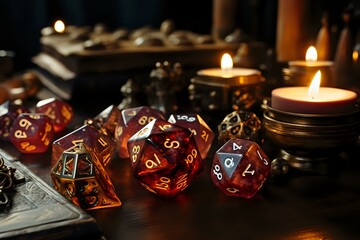 set of intricately designed polyhedral dice glowing with warm light, placed on a wooden table surrounded by candles and vintage decor, evoking a magical and immersive atmosphere