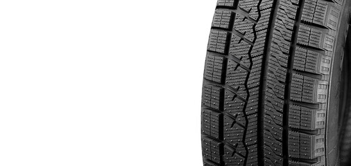 Winter car tire isolated on white background. Tyre banner 