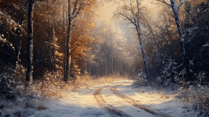 Obraz premium A quiet road winds through a serene winter forest, surrounded by tall trees draped in fresh snow.