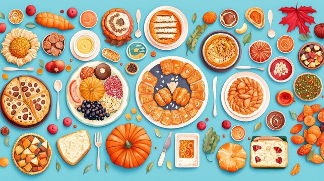 A vibrant arrangement of various delicious foods perfect for autumn celebrations and festive gatherings.