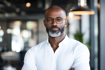 Fototapeta premium A sophisticated man with salt-and-pepper beard and glasses, wearing a white shirt, stands confidently in a modern office, reflecting professionalism and intellect.