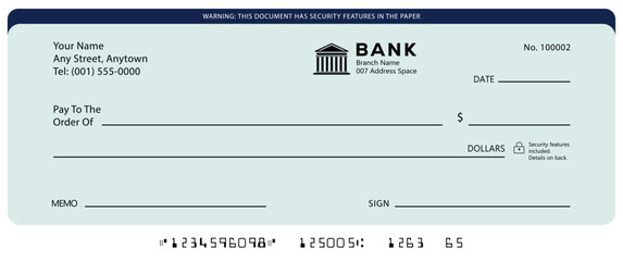 Blue Blank money cheque. Bank check. Blue Check book template with pattern and empty fields. Currency payment coupon, US dollar check background.