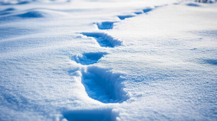 Obraz premium A vast, serene winter landscape stretches out under a pale blue sky. The snow is smooth and unbroken except for a single line of traces that meander across the pristine surface, suggesting a solitary