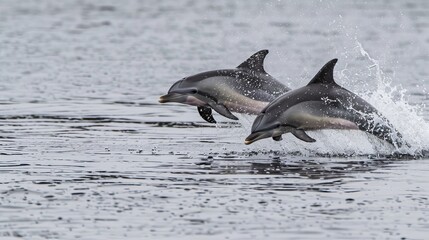 Two dolphins gracefully leaping over ocean waves, embodying freedom and joy in a dynamic and lively aquatic seascape filled with energy and movement.