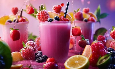 Pink Strawberry Smoothie with Fruit Toppings - Powered by Adobe