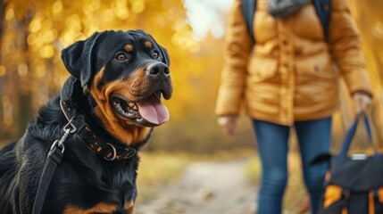 Obraz premium A Rottweiler on a hiking trail with its owner is featured in this image, set against a vibrant autumn background, evoking adventure and companionship.