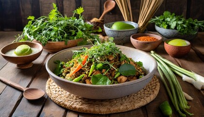Casual Home Cooking of Spicy Phat Kaphrao Stir Fry Served in a Rustic Kitchen with Authentic Thai Ingredients and Fresh Herbs, Ready for a Family Dinner Gathering