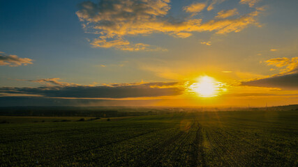 Kraków-Częstochowa Upland, autumn fields sown with catch crops, just before sunset, full of autumn golden hues and colors.