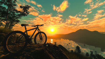 Fototapeta premium Bicycle at sunrise over mountain in nature with summer sky and landscape for outdoor sunset lifestyle and adventure activity