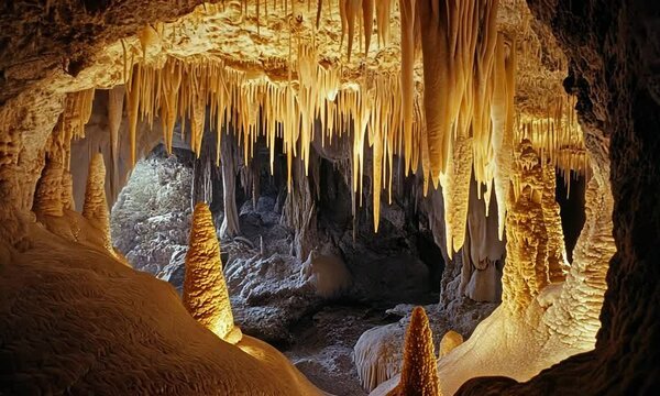 Stalactites and Stalagmites Inside a Cave
