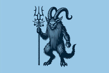 Krampus. Scary horned creature with a staff. Hand drawn engraving vector illustration, emblem, logo, cut out, isolated object
