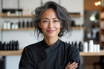 A confident woman with gray hair stands proudly in a professional kitchen, epitomizing empowerment and expertise, surrounded by culinary essentials.