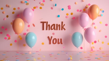 A colorful display of balloons with the words "thank you" written in gold letters. The balloons are scattered around the room, creating a festive and celebratory atmosphere